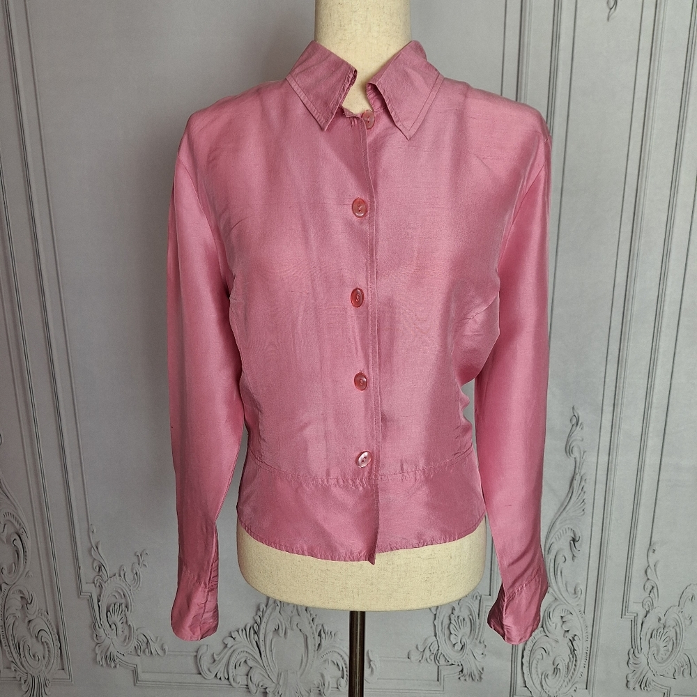 Vision 100% Silk Button Down Blouse Sz XL Barbie Bubblegum Pink